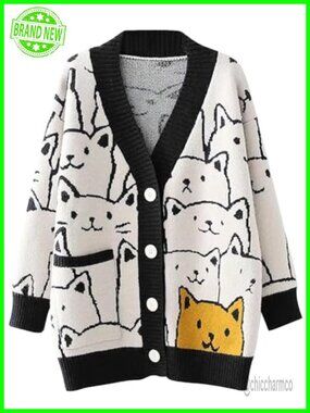 Oversized Knit Cat Cardigan Button Down V-Neck Kawaii Sweater